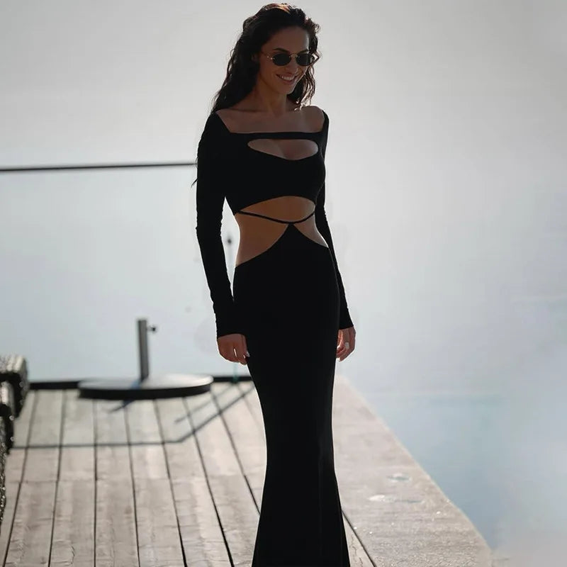 Women's Off Shoulder Cut Out Maxi Dress - Bandage Long Sleeve Gown