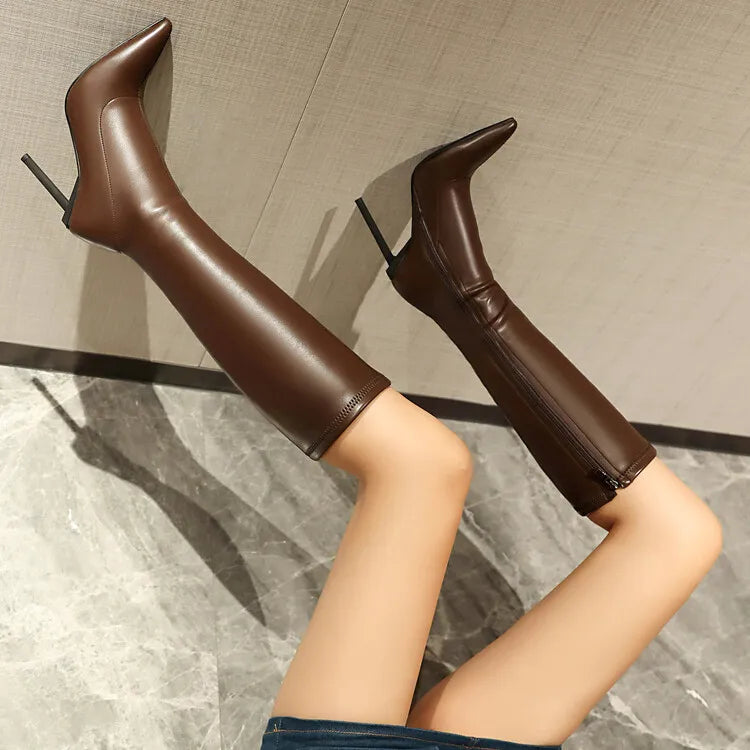 Women's Text Art High Heel Boots Elastic Leather Side Zipper Pointed Knee Boots 8cm/10cm Thin Heel Shoes