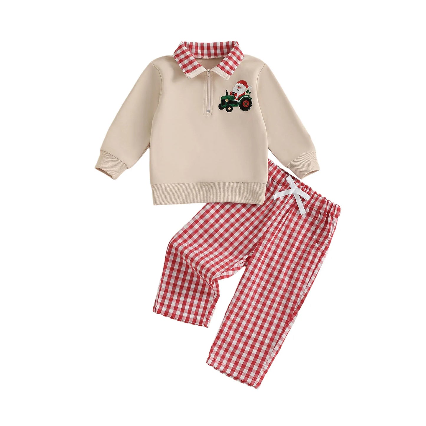 Baby Boys Christmas Clothes Set - Xmas Tree Embroidery Zip Pullover & Plaid Pants