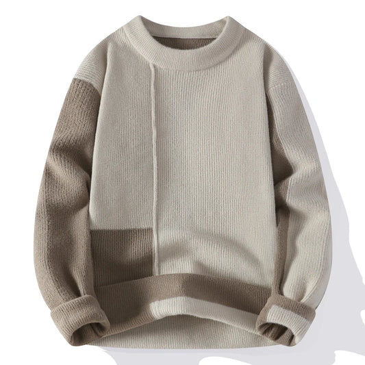 Men's Autumn Winter Casual O-Neck Patchwork Knitted Pullover Sweater