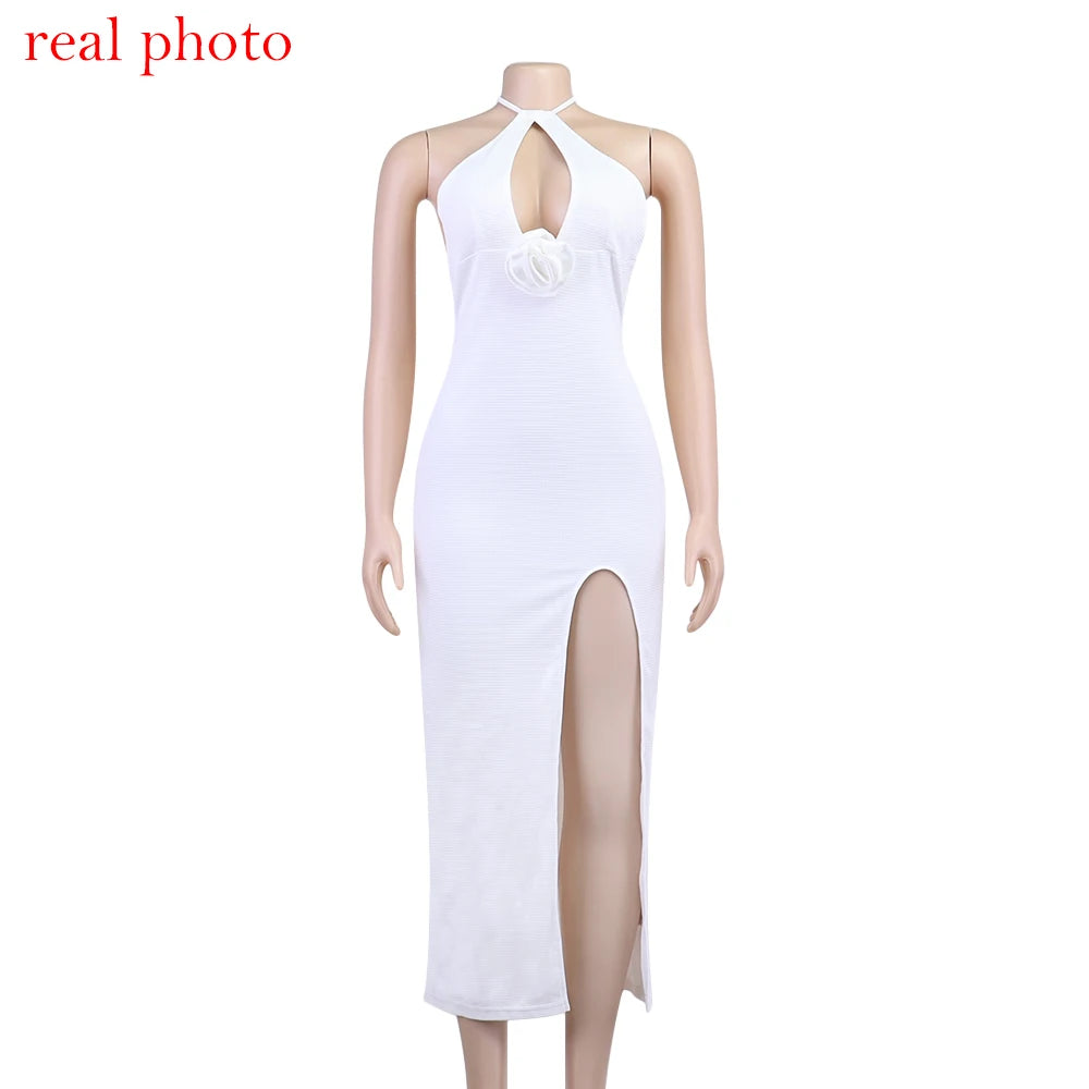 Women's Floral Applique Halter Summer Maxi Cut Out Backless Split Dress