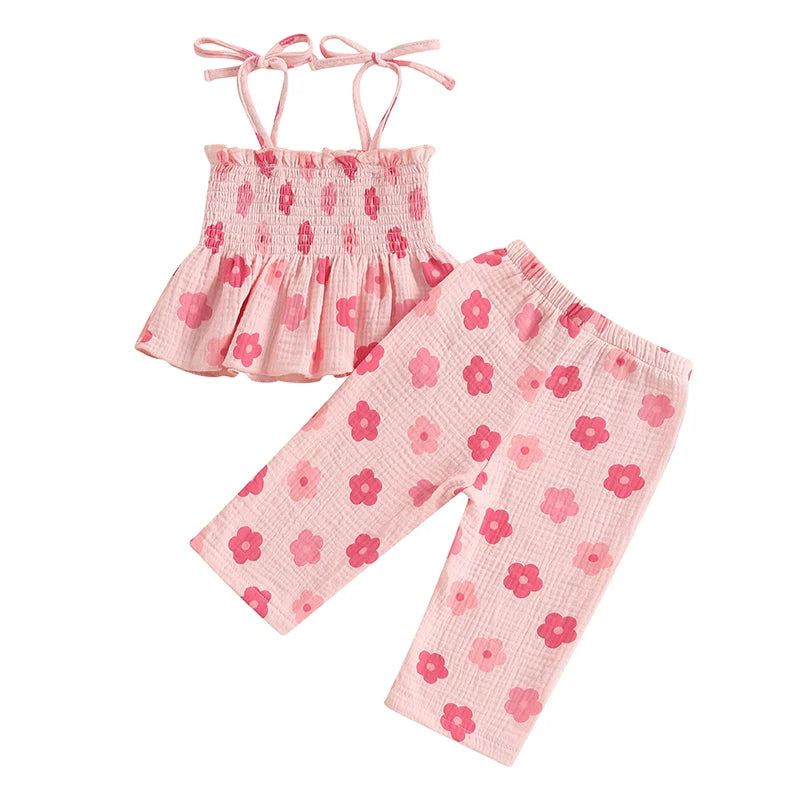 0-4Y Kids Girls Clothes Set Flower Print Sleeveless Lace Up Pleated Camisole with Trousers 2pcs Set