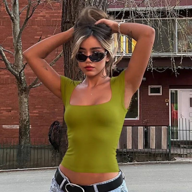 Women's Y2K Square Collar Cropped Top - Short Sleeve Slim Fit Summer Tee