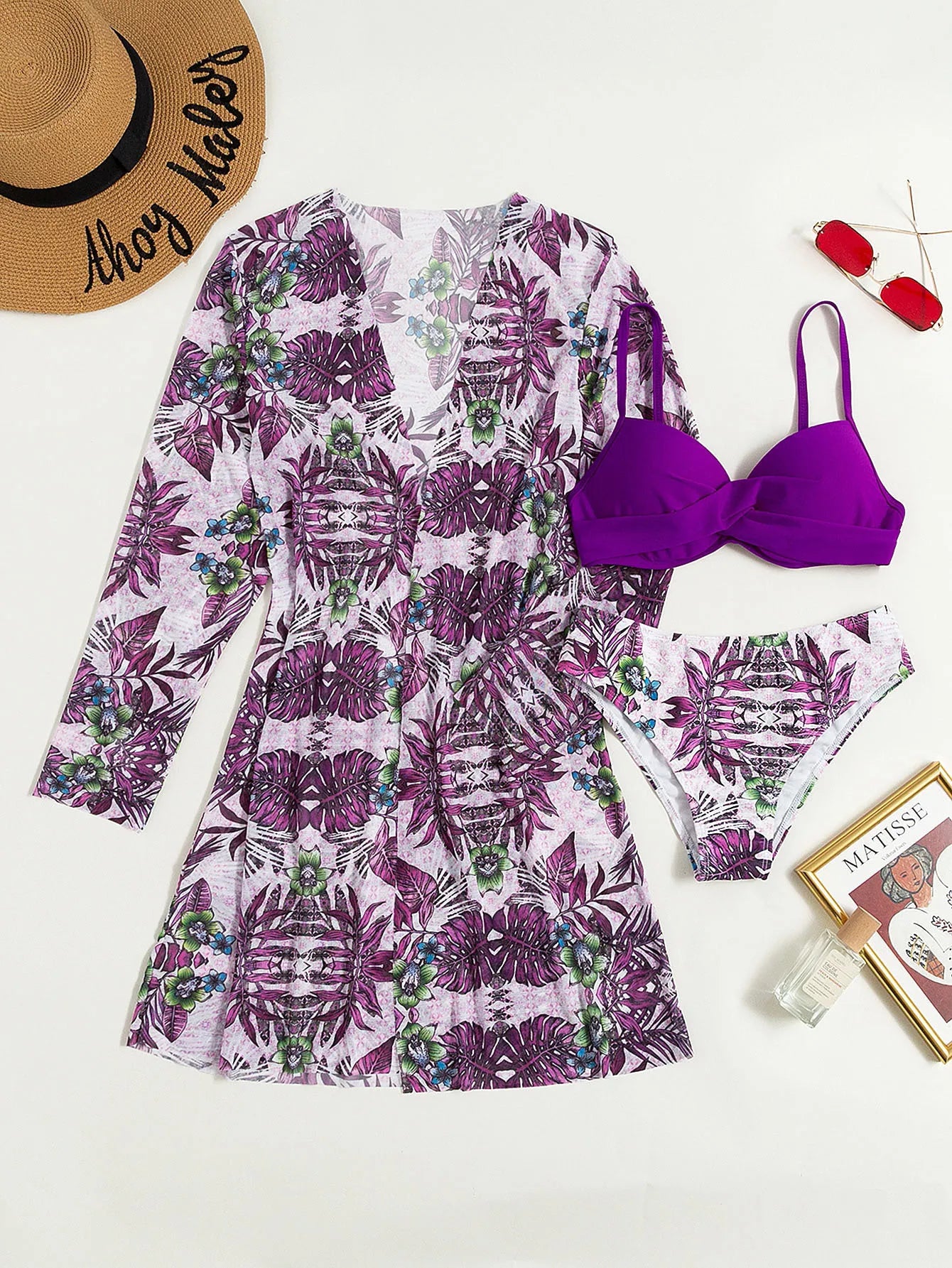 Women's Print Beach Cover Up And Bikini Set Swimwear Hollow Out Swimsuit High Waist Three Piece Beachwear