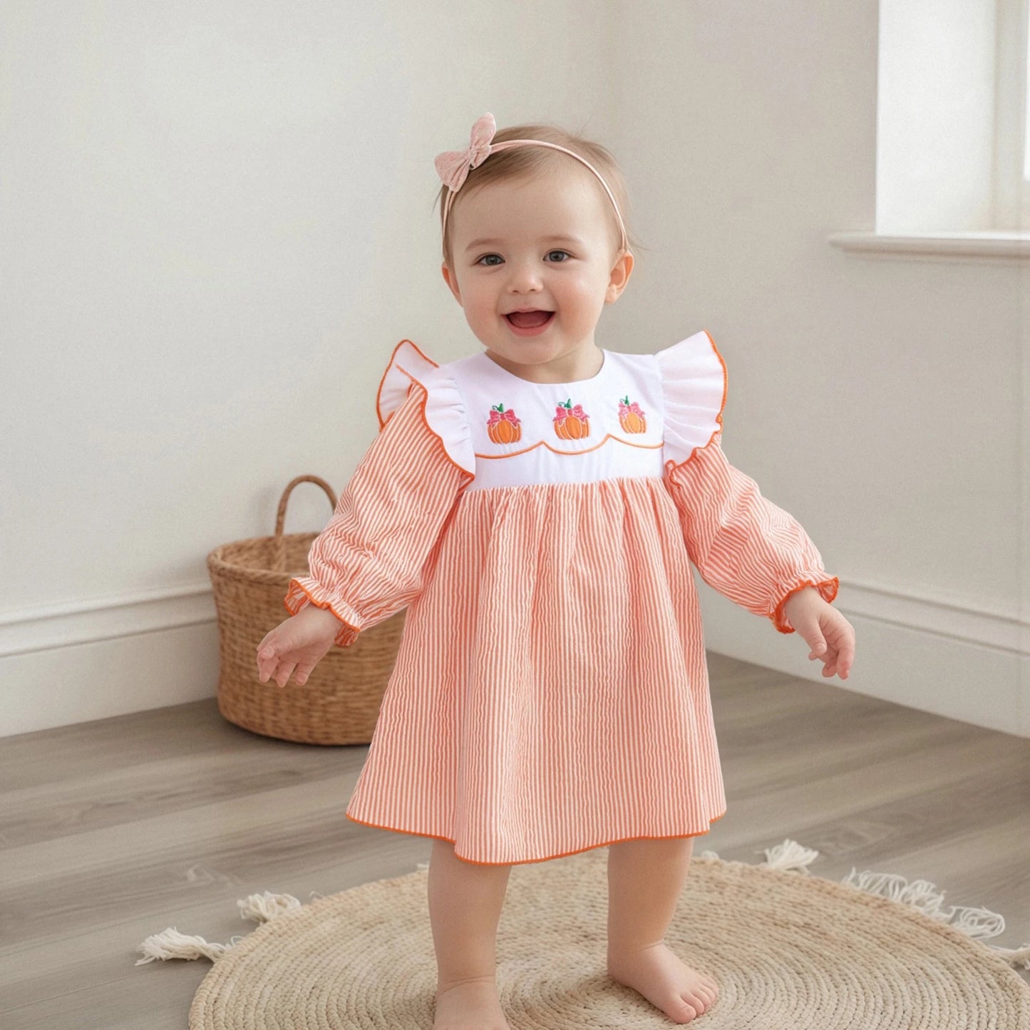 Toddler Girls Halloween Dress - Pumpkin/Ghost Embroidered Ruffle Long Sleeve Striped A-Line Dress
