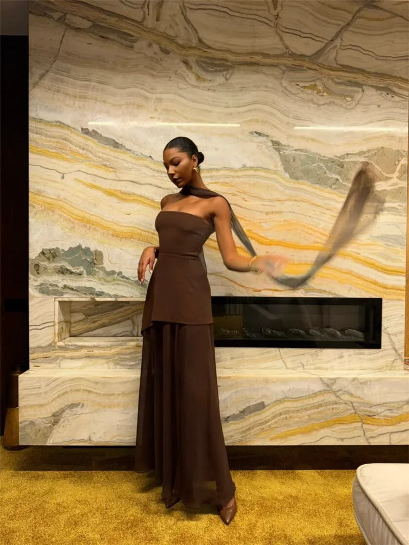 Women's Elegant Strapless Maxi Gown With Scarf Off-shoulder Sleeveless Backless Split Beach Long Dress
