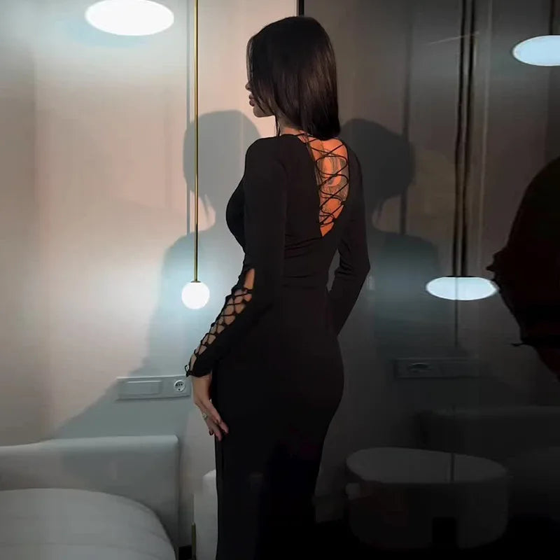 Women's Lace Up Bandage Maxi V Neck Long Sleeve Dress