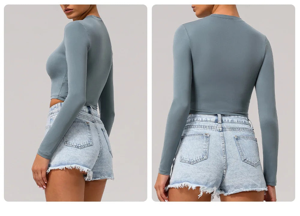 Women's Slim Fit Yoga Shirt Solid Colour Long Sleeve Gym Running Top Breathable Quick Dry Workout Crop Top Sportswear