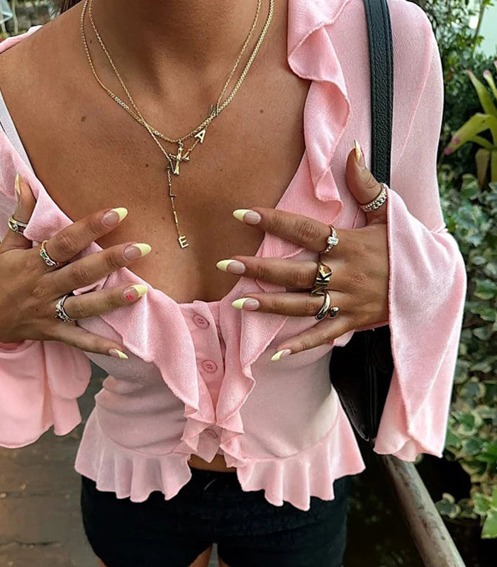 Women's Ruffled Flare Sleeve Cardigan - V Neck Cropped Top