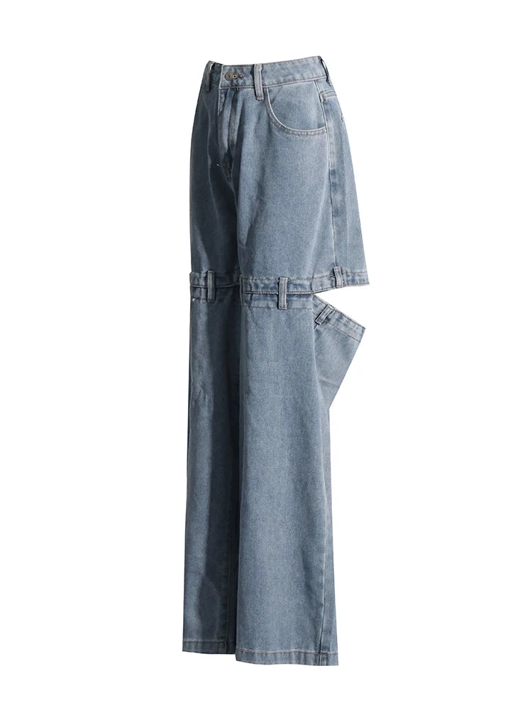 Women's Chic Spliced Zipper High Waist Patchwork Pockets Cut Out Casual Jeans