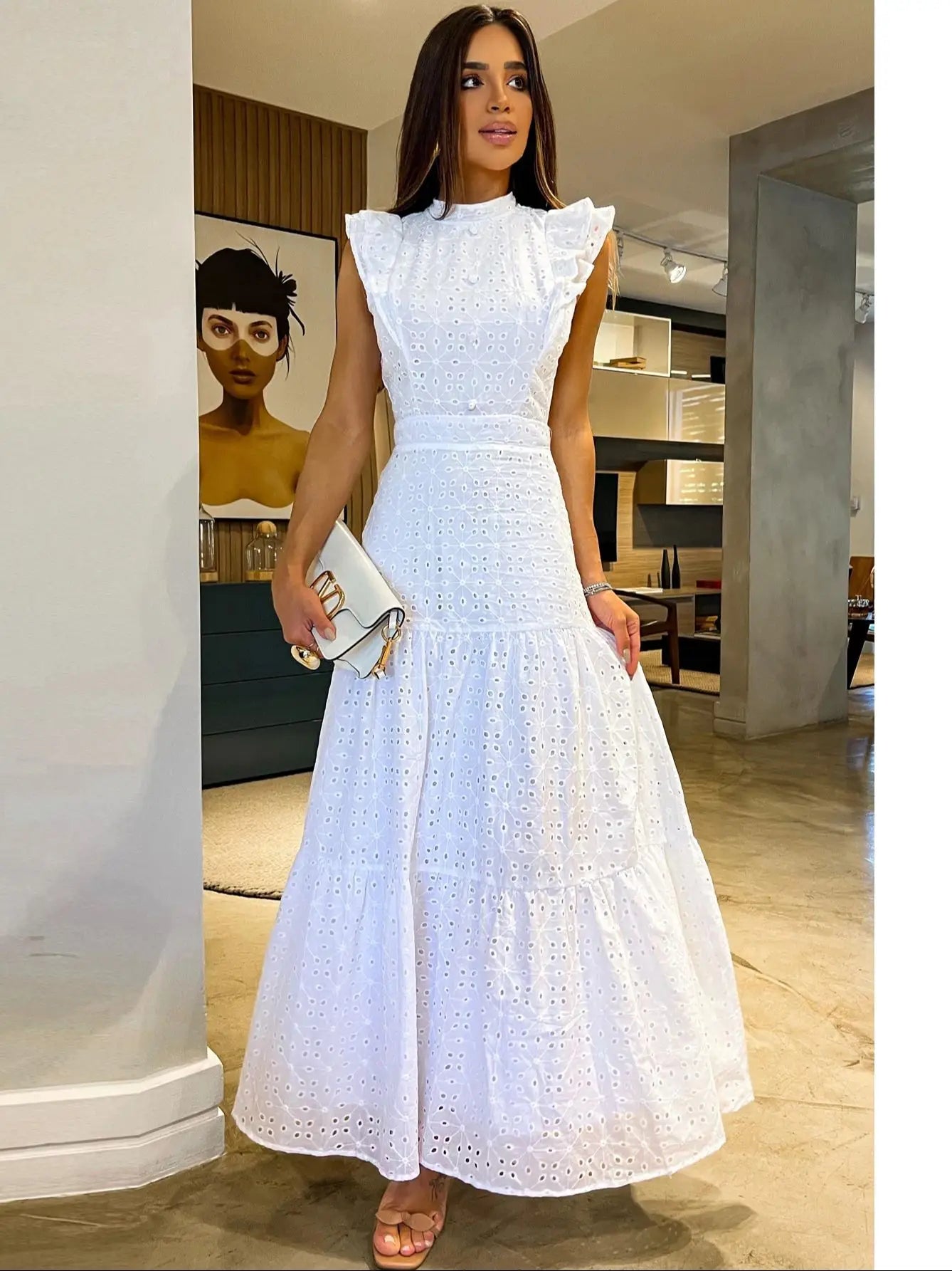 Women's Bohemian Hollow Out Elegant Round Neck Flying Sleeve Button Long Summer Dress