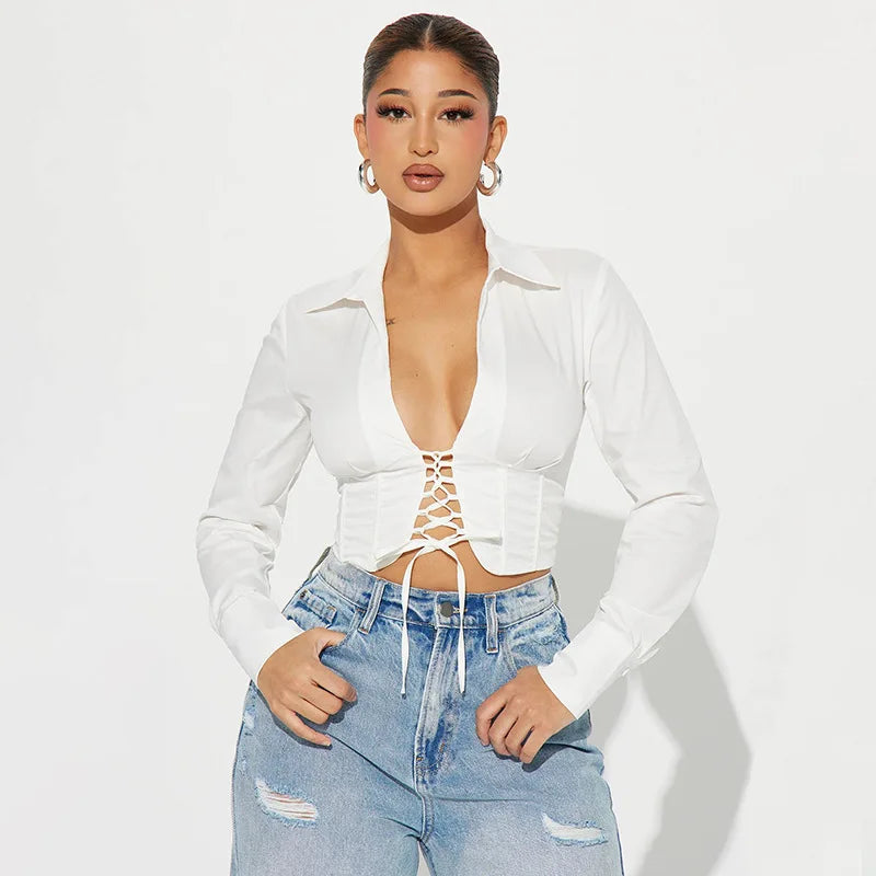 Women's Lace Up White Tie Front Top Shirt Blouse Long Sleeve Cropped Top