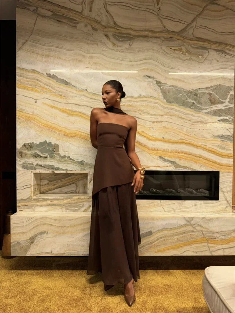 Women's Elegant Strapless Maxi Gown With Scarf Off-shoulder Sleeveless Backless Split Beach Long Dress