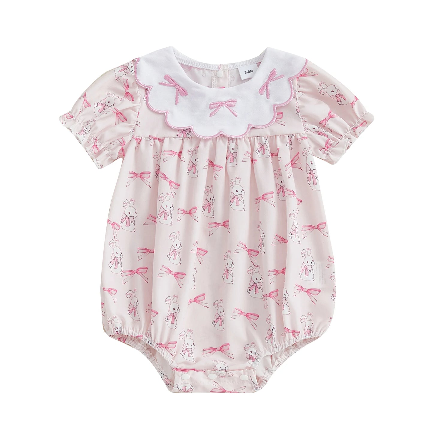 Easter Baby Girls Cute Romper - 3 Style Rabbit Bow Print Doll Collar Ruffle Short Sleeve Bodysuit (0-18M)