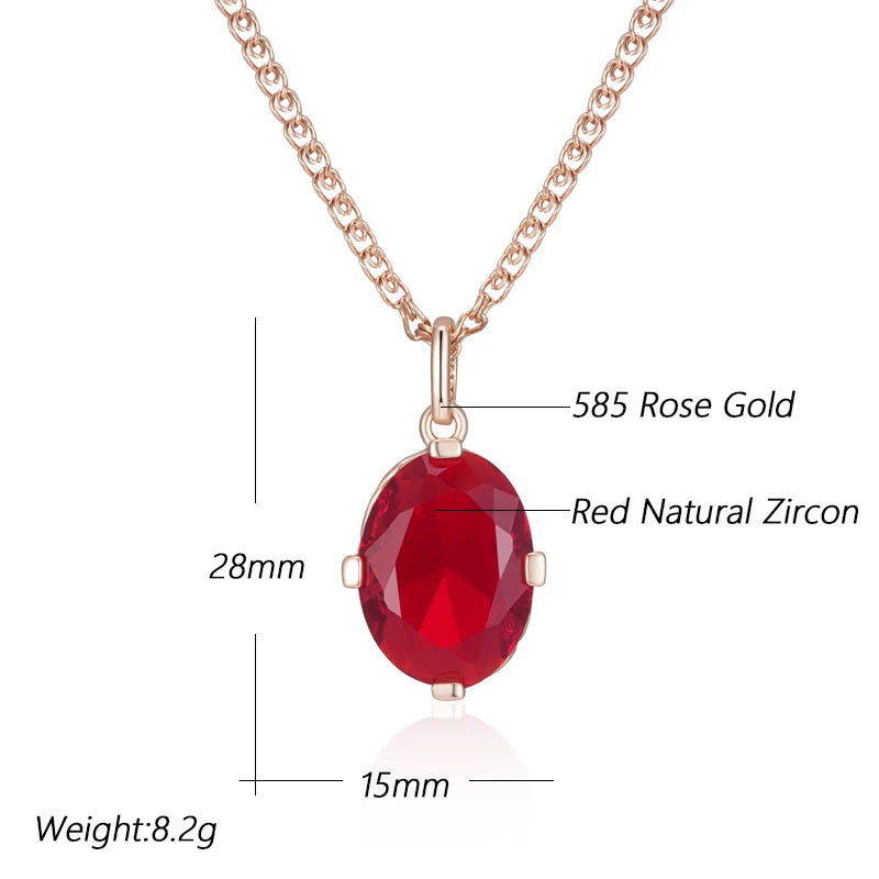 Women's 585 Rose Gold Colour Oval Red Natural Zircon Pendant Necklace