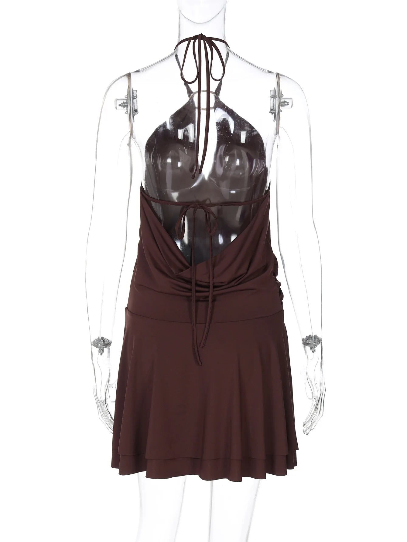 Women's Elegant Ruched Halter Backless Mini Dress - Draped V Neck