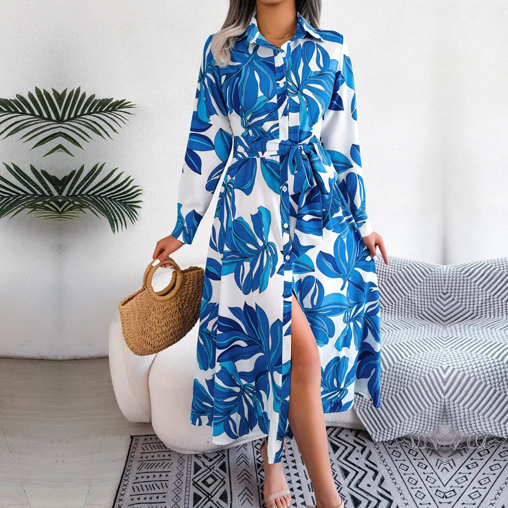 Women's Spring Summer Contrast Floral Polo Collar Lace Up Shirt Single Breasted Long Dress