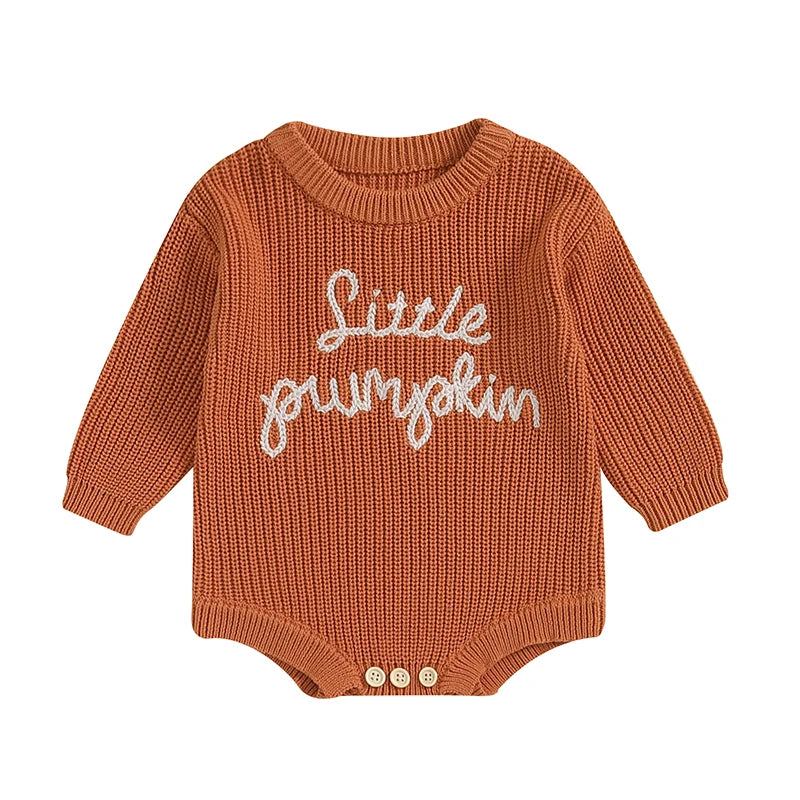 Baby Pumpkin Knit Romper - Long Sleeve Halloween Jumpsuit (0-18M)