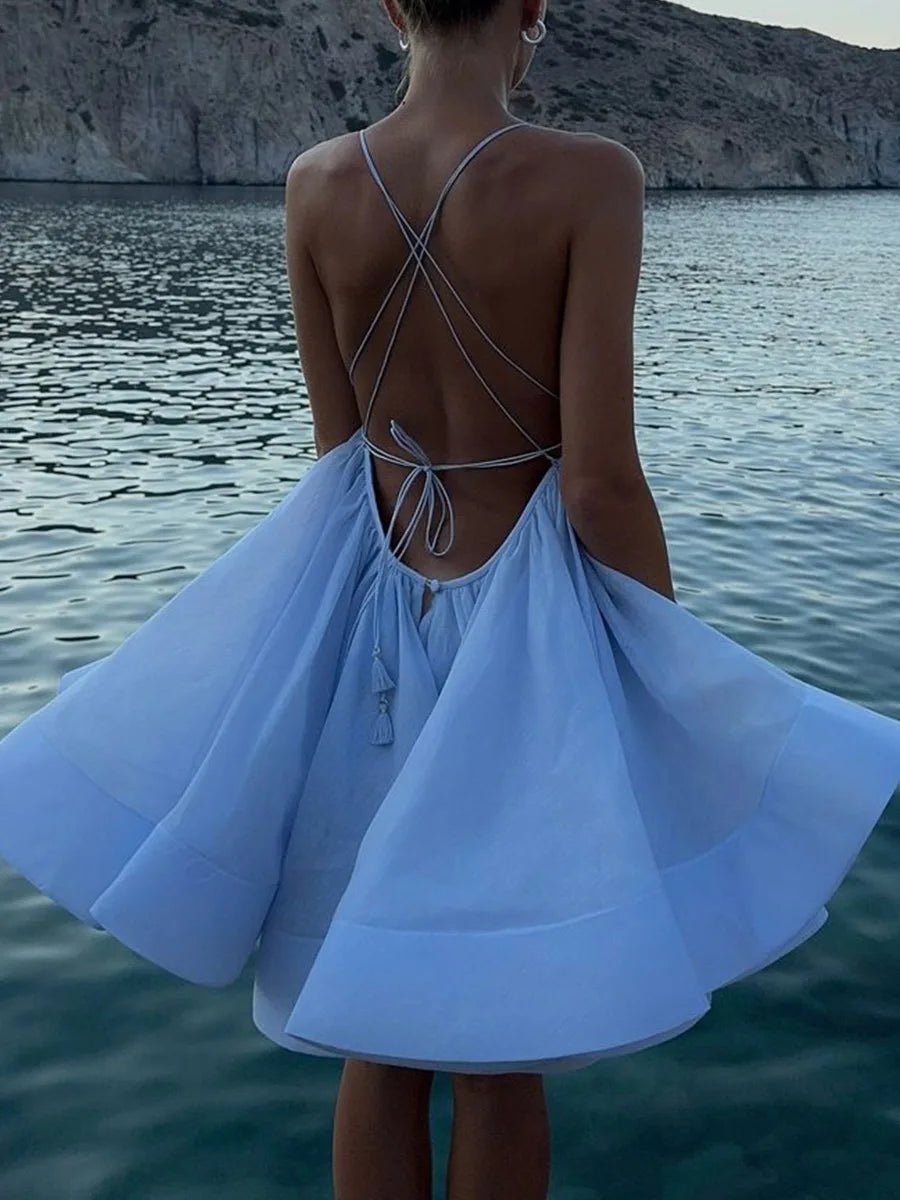 Women's A-Line Backless Mini Dress - V-Neck Bandage Summer Beachwear