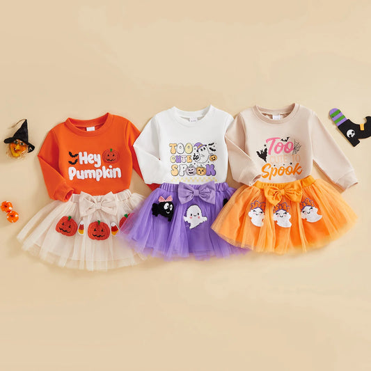 Baby Girl's Halloween Outfit Set - Cartoon Letter Sweatshirt & Ghost Tulle Skirt