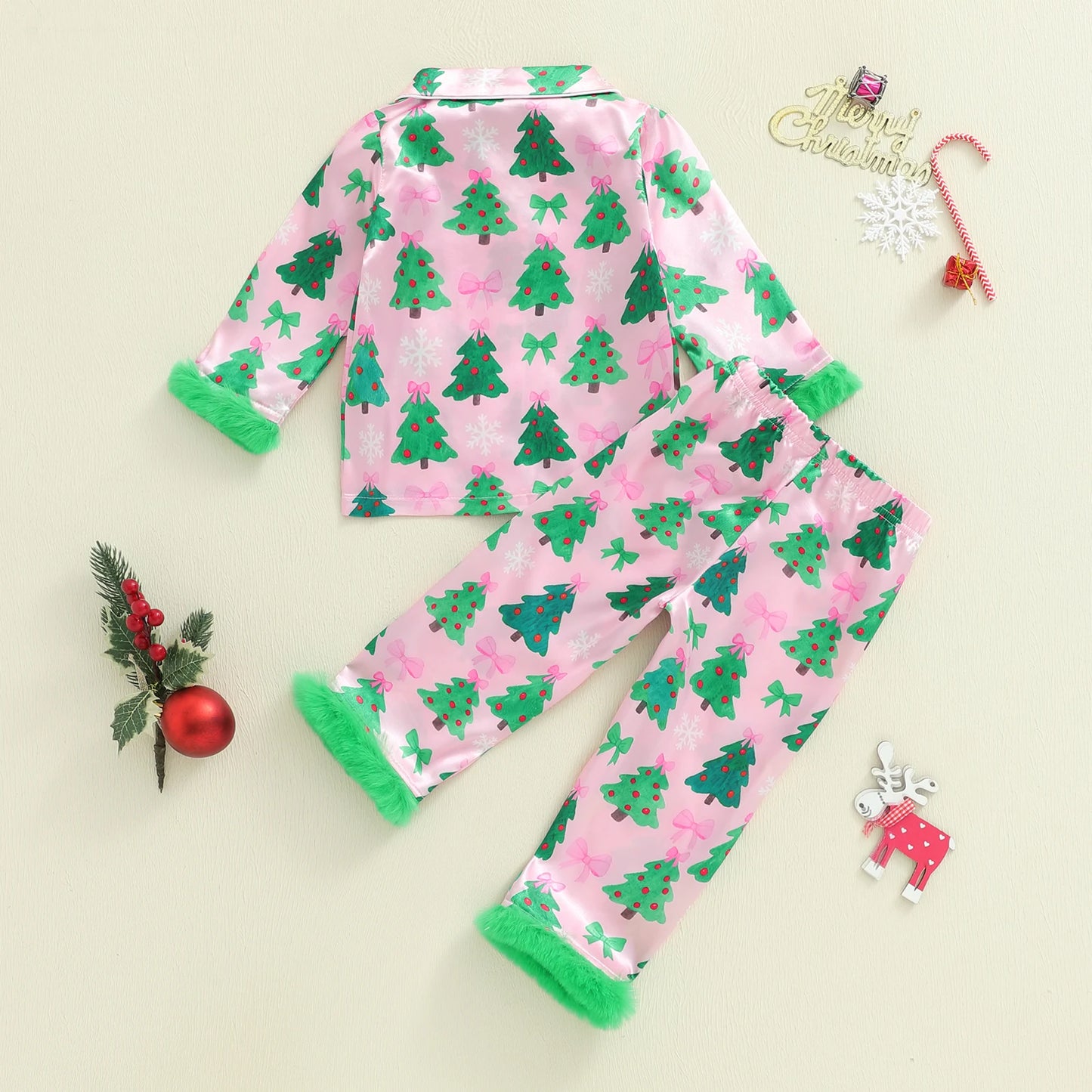 Kids Girls Christmas Satin Pyjamas Set - Tree Print Button Down Top & Pants (0-7Y)