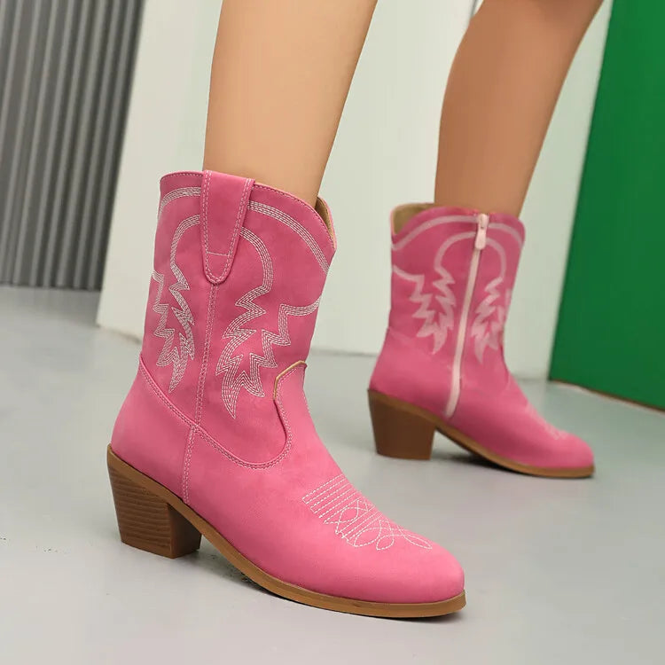 Totem Embroidered Ankle Boots - Pointed Toe Chelsea Boots with 6cm Wedge Heel