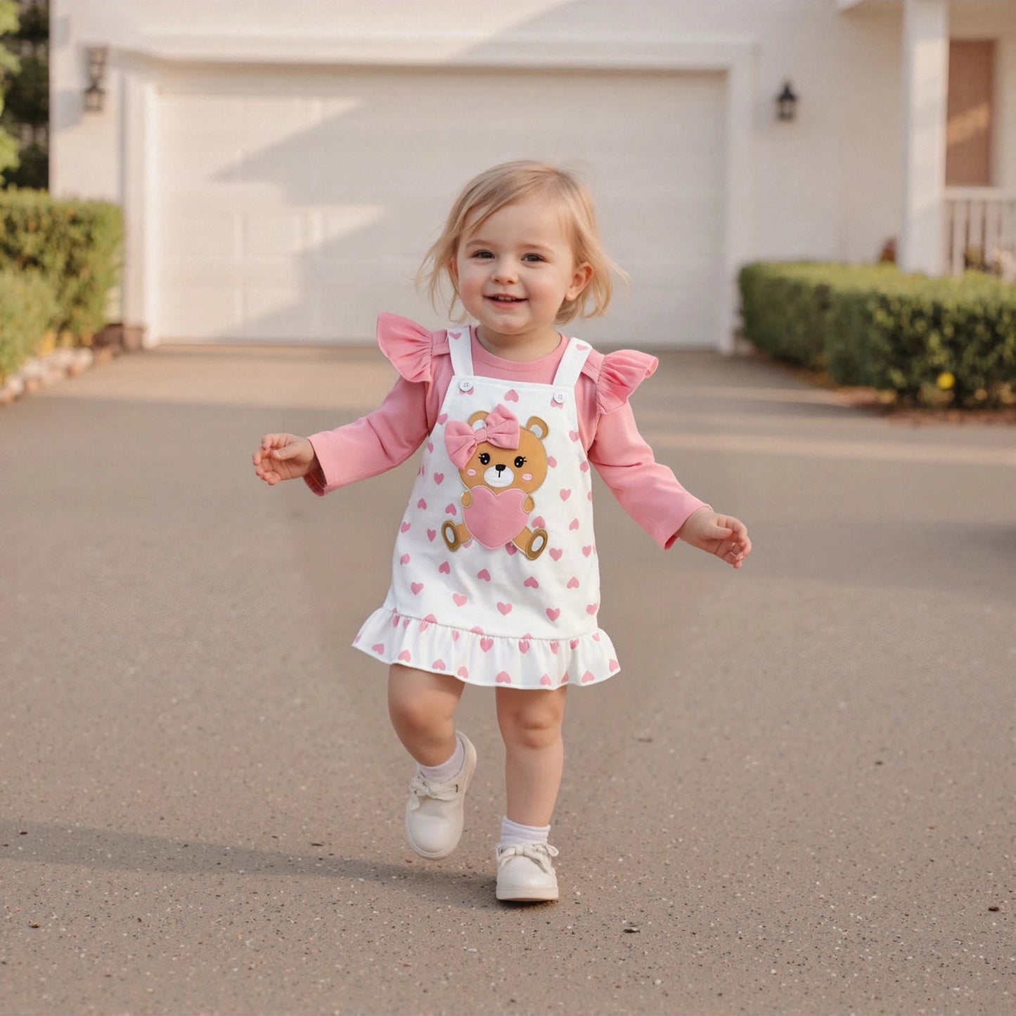 Baby Girls Bear Embroidered Dress Set with Bow Headband (0-18M)