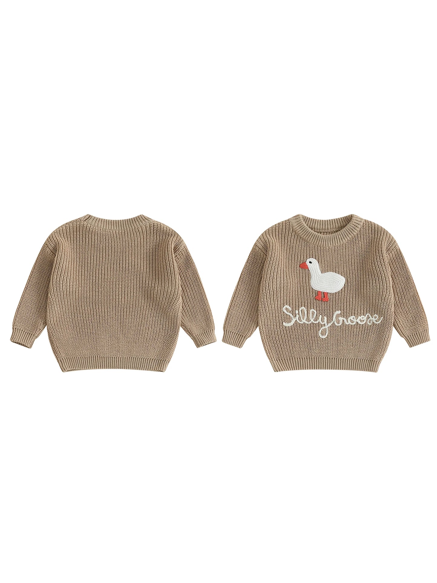 Toddler Baby Goose Sweater - Animal Letter Embroidered Crewneck Chunky Knit