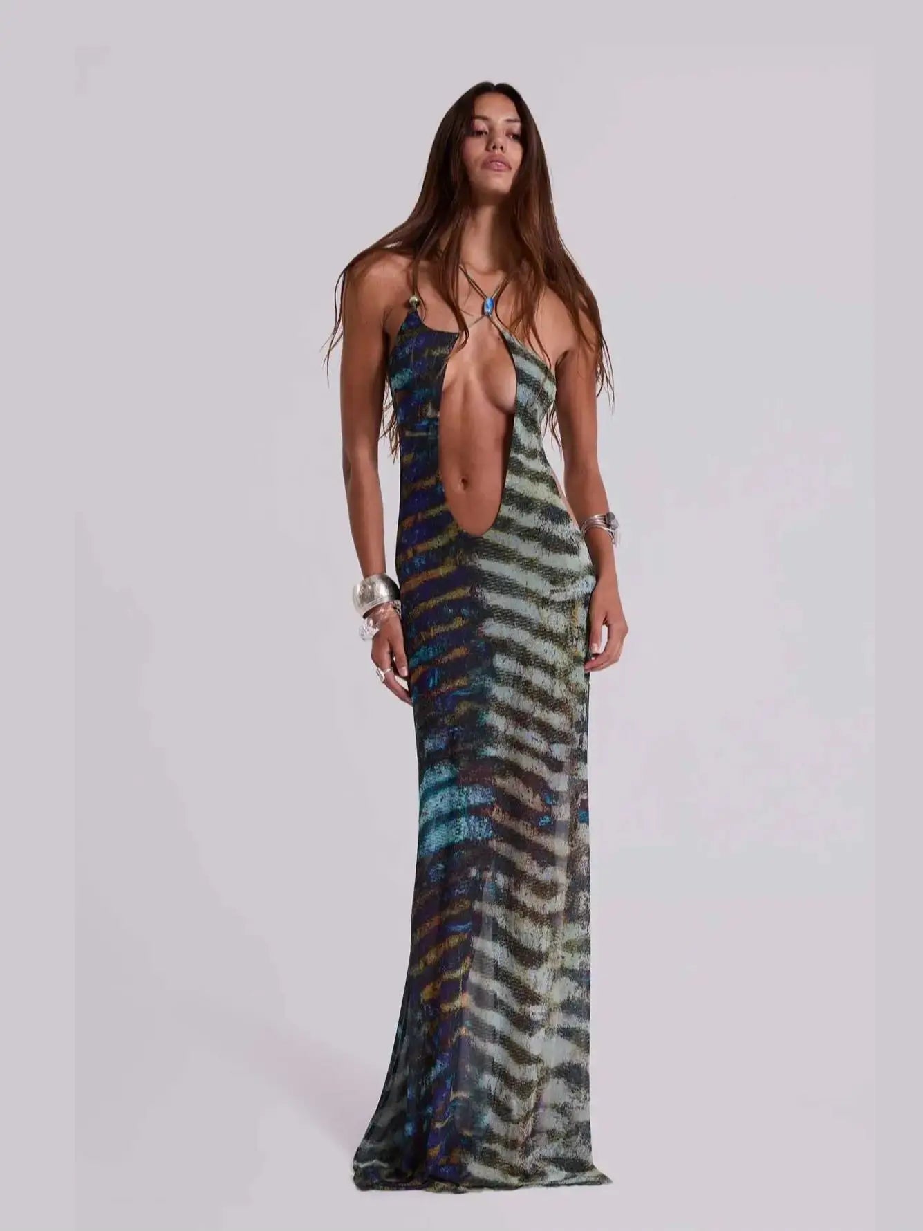 Bohemian Halter Maxi Dress - Asymmetric Print Beach Cover-Up