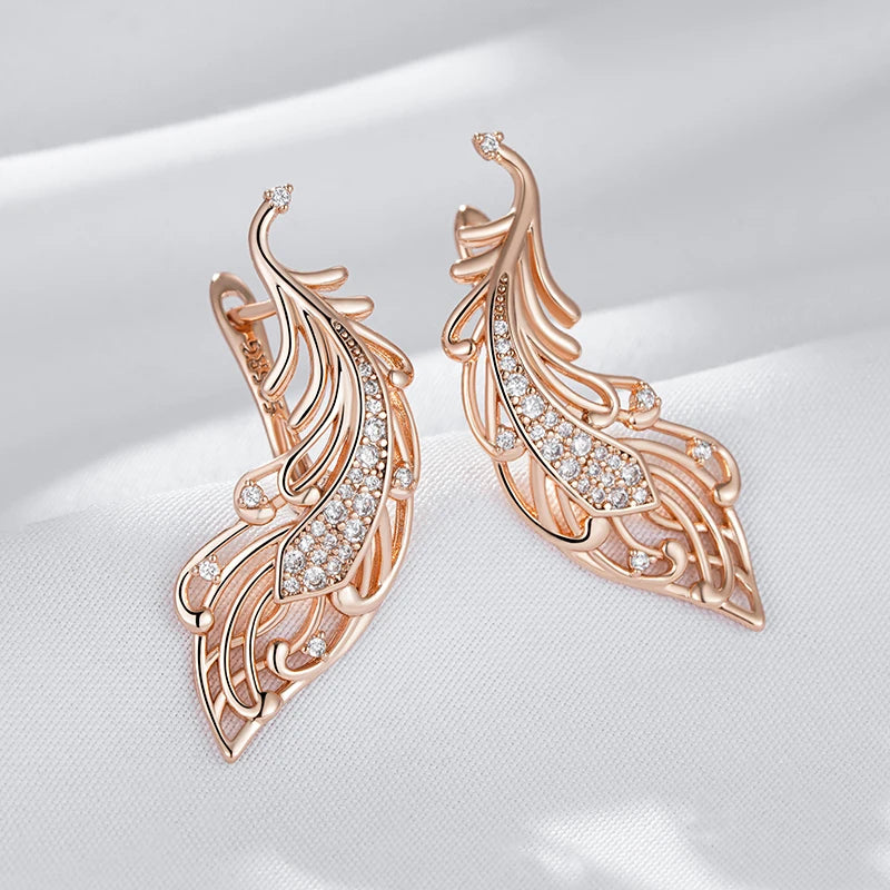 Women's Shiny Natural Zircon 585 Rose Gold Colour Long Crystal Flower Earrings