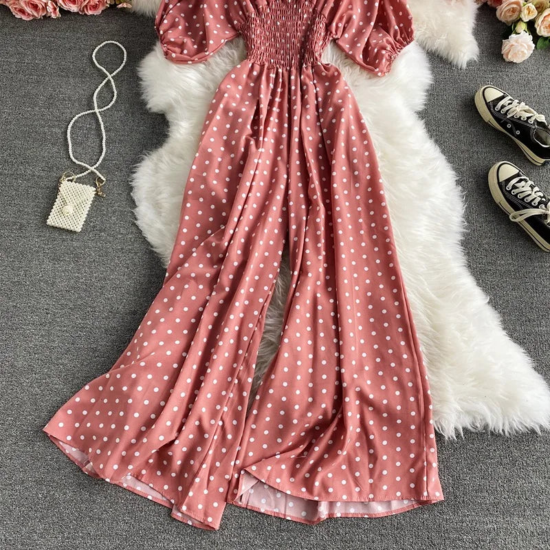 Women's V-Neck Polka Dot Jumpsuit - Wide Leg Trousers with Dolman Sleeves