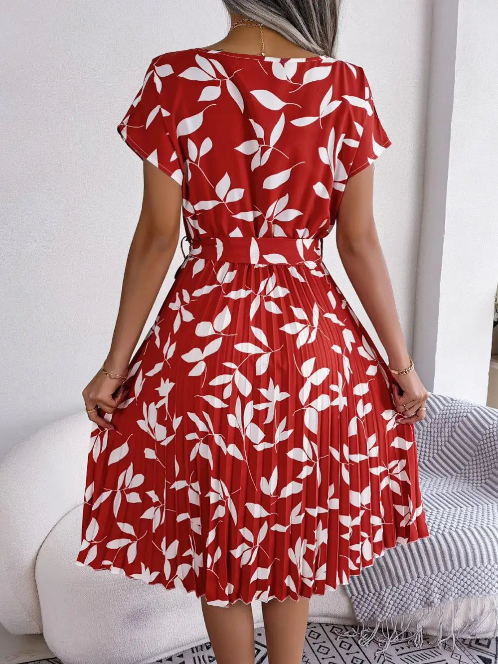 Women's Floral Pleated A Line Long Spring Summer Short Sleeve High Waist Chic Dress