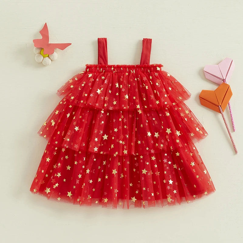 Girl's Festive Dress - Star Lace Layered Tulle Sundress with Plush Ball