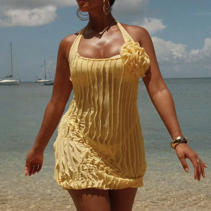 Women's Halter Pleated Flower Mesh See Through Beach Mini Ruched Dress
