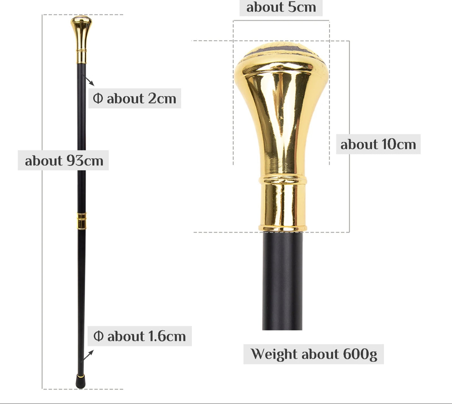 Luxury Panda Compass Walking Cane 93cm - Gold Black Decorative Gentleman's Stick