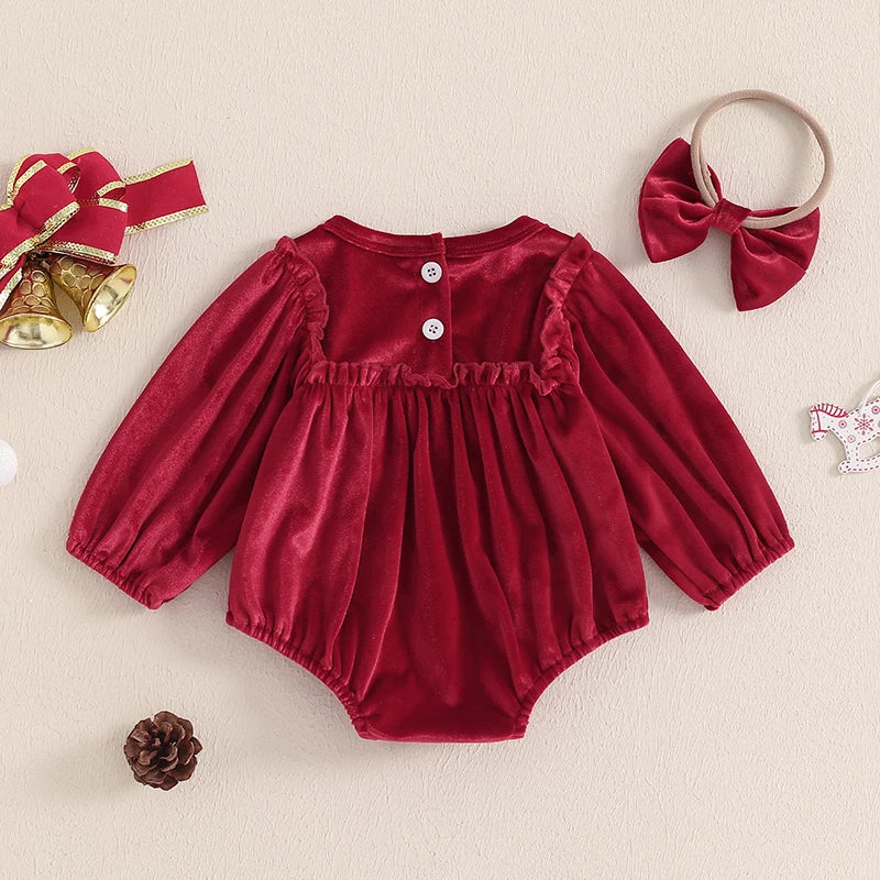 Baby Girl's Christmas Velvet Romper Set with Headband - Round Neck Long Sleeve