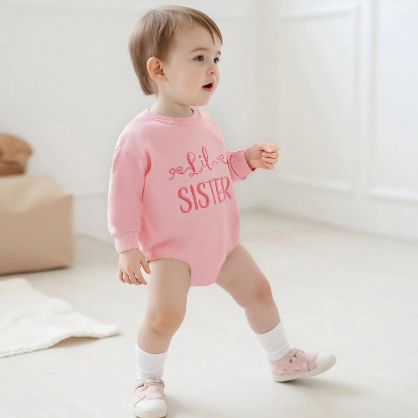 Baby Fall Romper - Letter Embroidery Long Sleeve Round Neck Jumpsuit