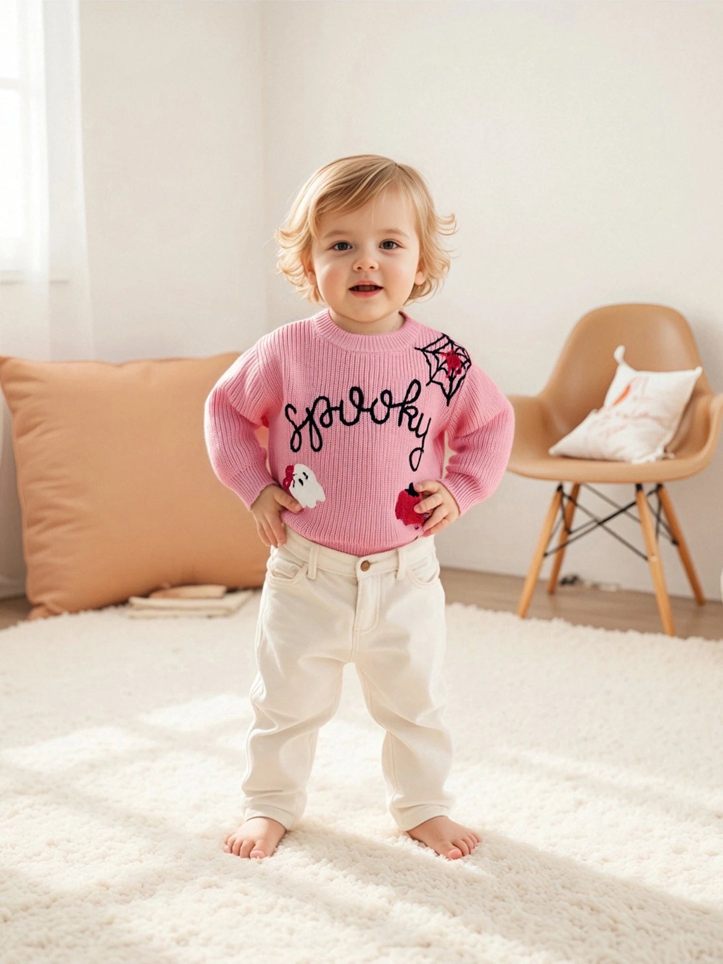Baby Halloween Knit Sweater - Letter Ghost Pumpkin Spider Web Embroidery