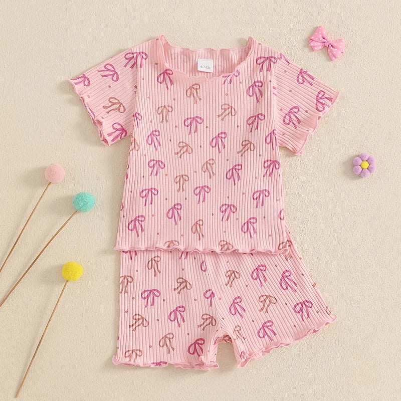 1-5Y Kids Girls Clothes Sets Bow Print Lettuce Trim Short Sleeve T-shirt Elastic Waist Shorts