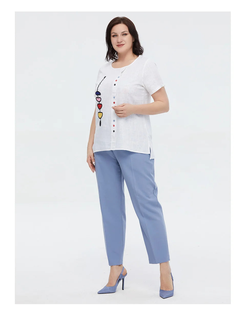 Women's Summer Cotton Linen Oversized Short Sleeve Sequins Button Top