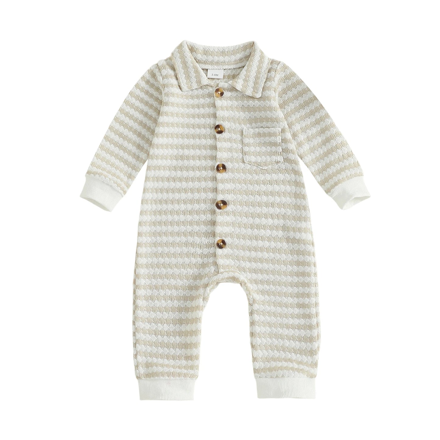 Newborn Baby Fall Winter Jumpsuit Set - Striped Turn-Down Collar Romper & Pants (0-18M)