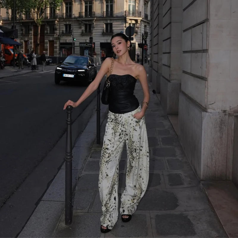 Women's Vintage Leopard Wide-Leg Jeans - Casual Streetwear Straight Pants