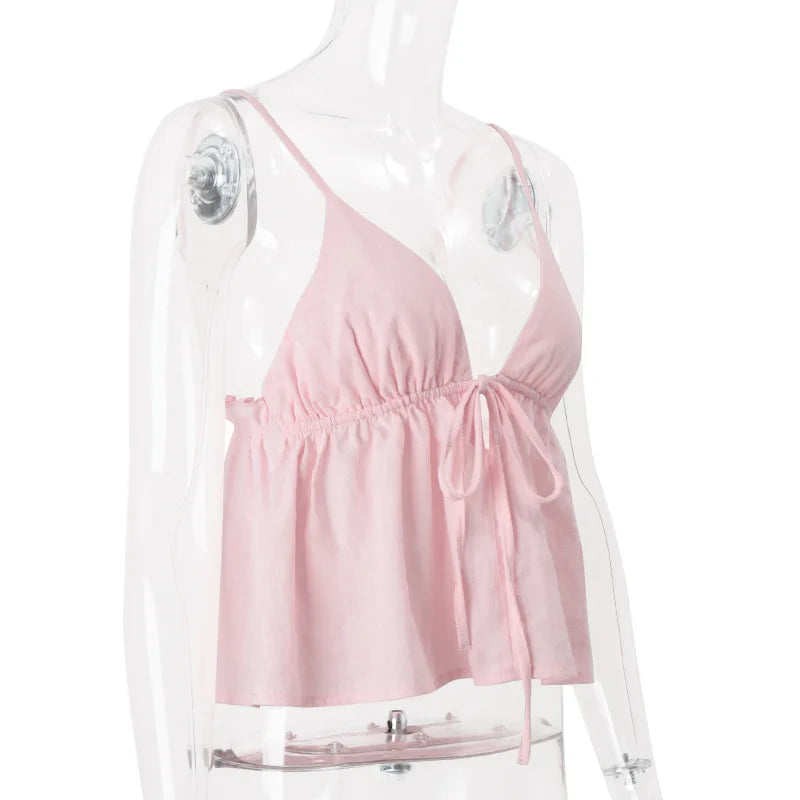 Y2K Camisole Crop Top - Backless Tie Front Top for Women