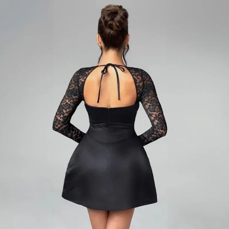 Women's Lace Long Sleeve Mini Square Collar Backless A-line High Waist Party Dress
