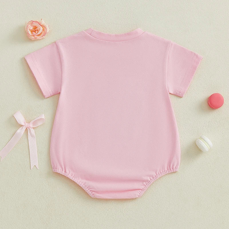 0-18M Baby Girls Summer Romper Short Sleeve Bow Letter Embroidery Bodysuit Babygrow Jumpsuit
