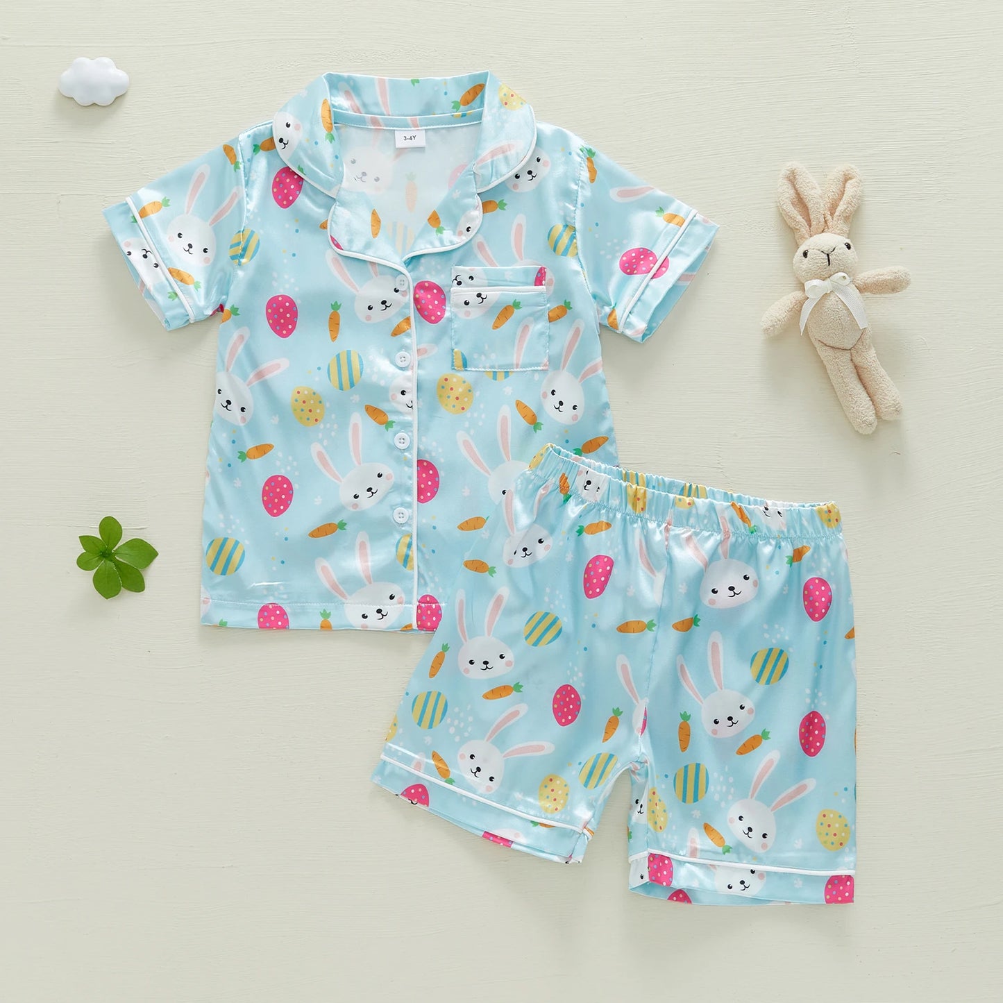 1-7Y Kids Girls Easter Pyjamas Clothes Set Rabbit Carrot Print Button Down V Neck Short Sleeve Tops and Shorts
