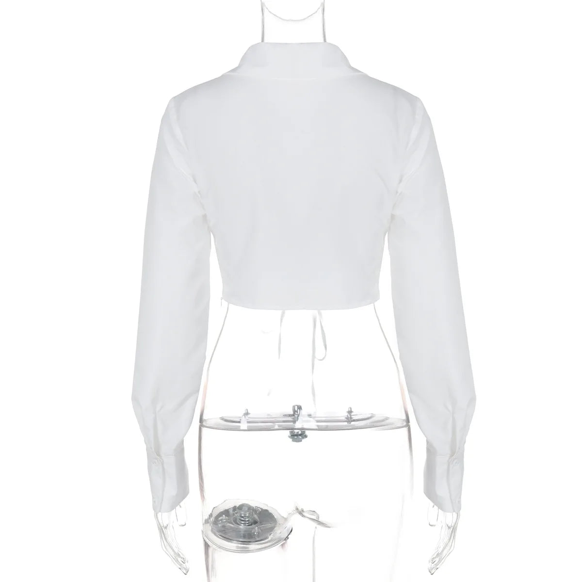 Women's Lace Up White Tie Front Top Shirt Blouse Long Sleeve Cropped Top