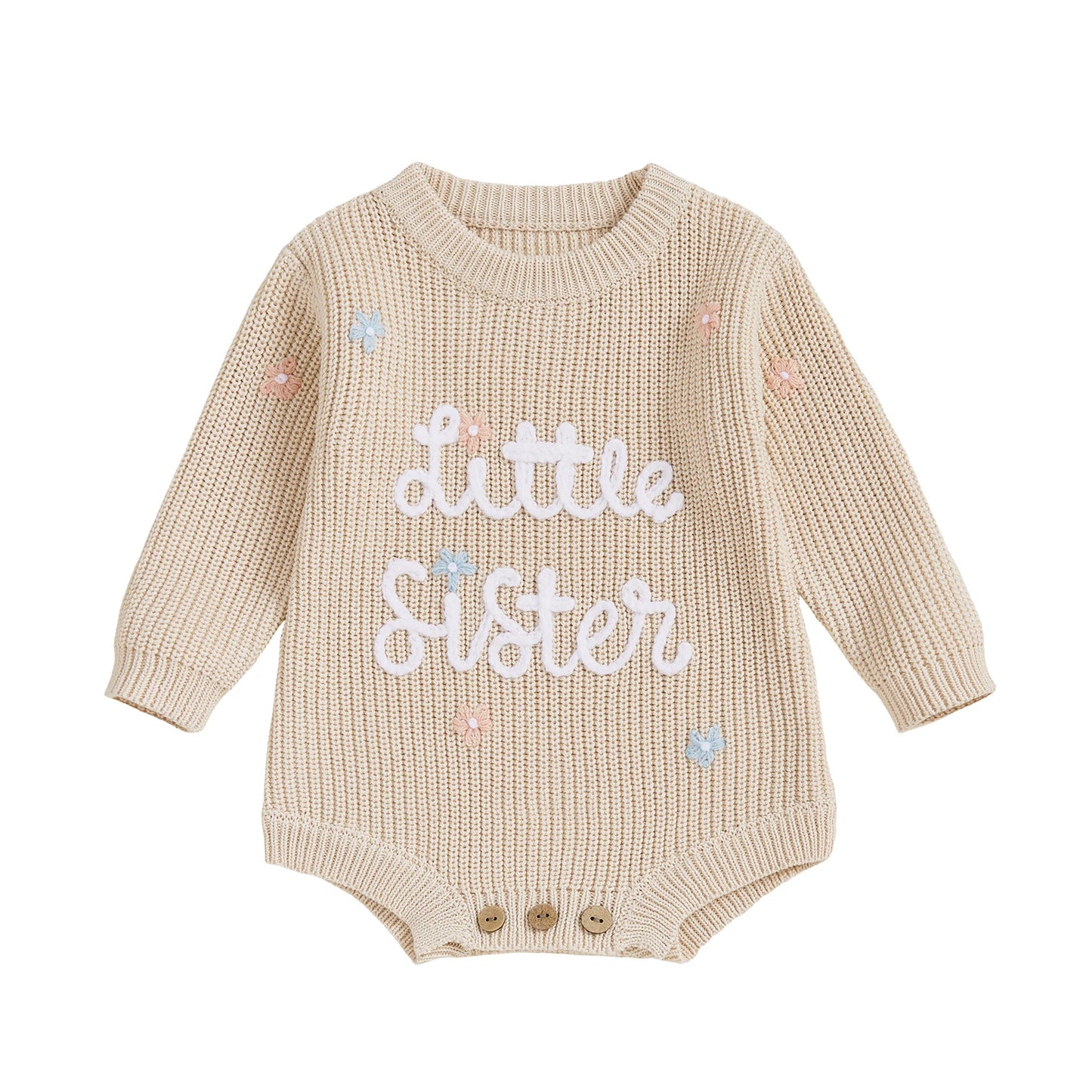 Newborn Baby Sweater Romper - Letter Floral Embroidery Round Neck Knit Jumpsuit