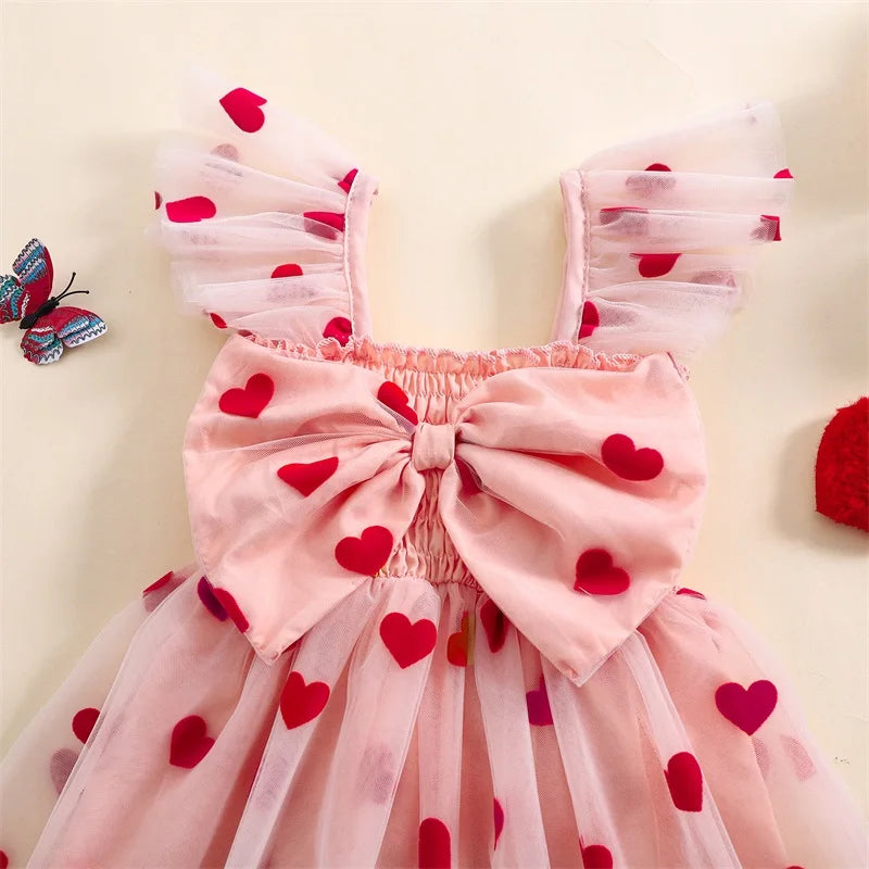 Little Girls' Princess Tulle Dress - Heart Print Ruffles 3D Bow Mesh Tutu