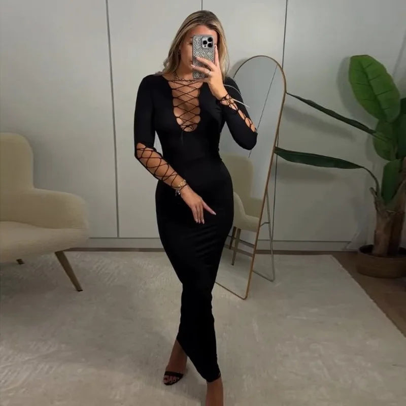 Women's Lace Up Bandage Maxi V Neck Long Sleeve Dress